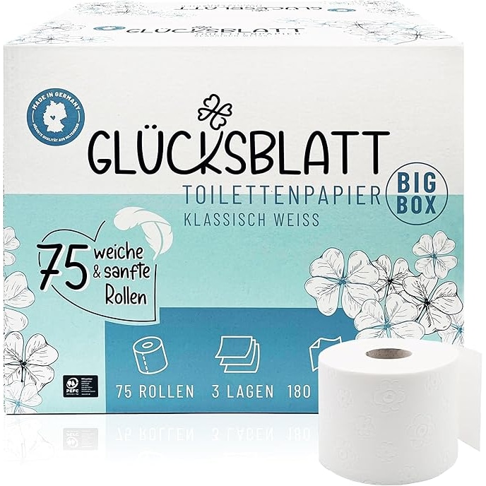 Toilettenpapier Box, 3-lagig, 75 Rollen x 180 Blatt, 100% Zellstoff, Großpackung, wiederverwendbarer Vorratskarton