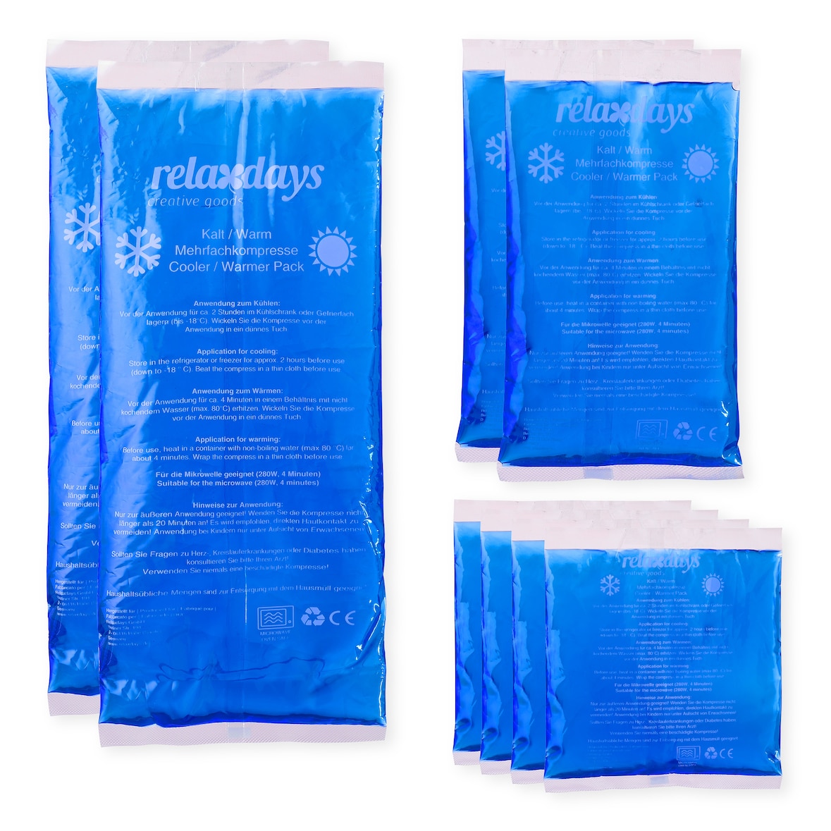 Relaxdays Kühlpads Gel im 8er Set, Erste Hilfe, wiederverwendbar, 3 Größen, Kalt-Warm Mehrfachkompressen Sport, blau