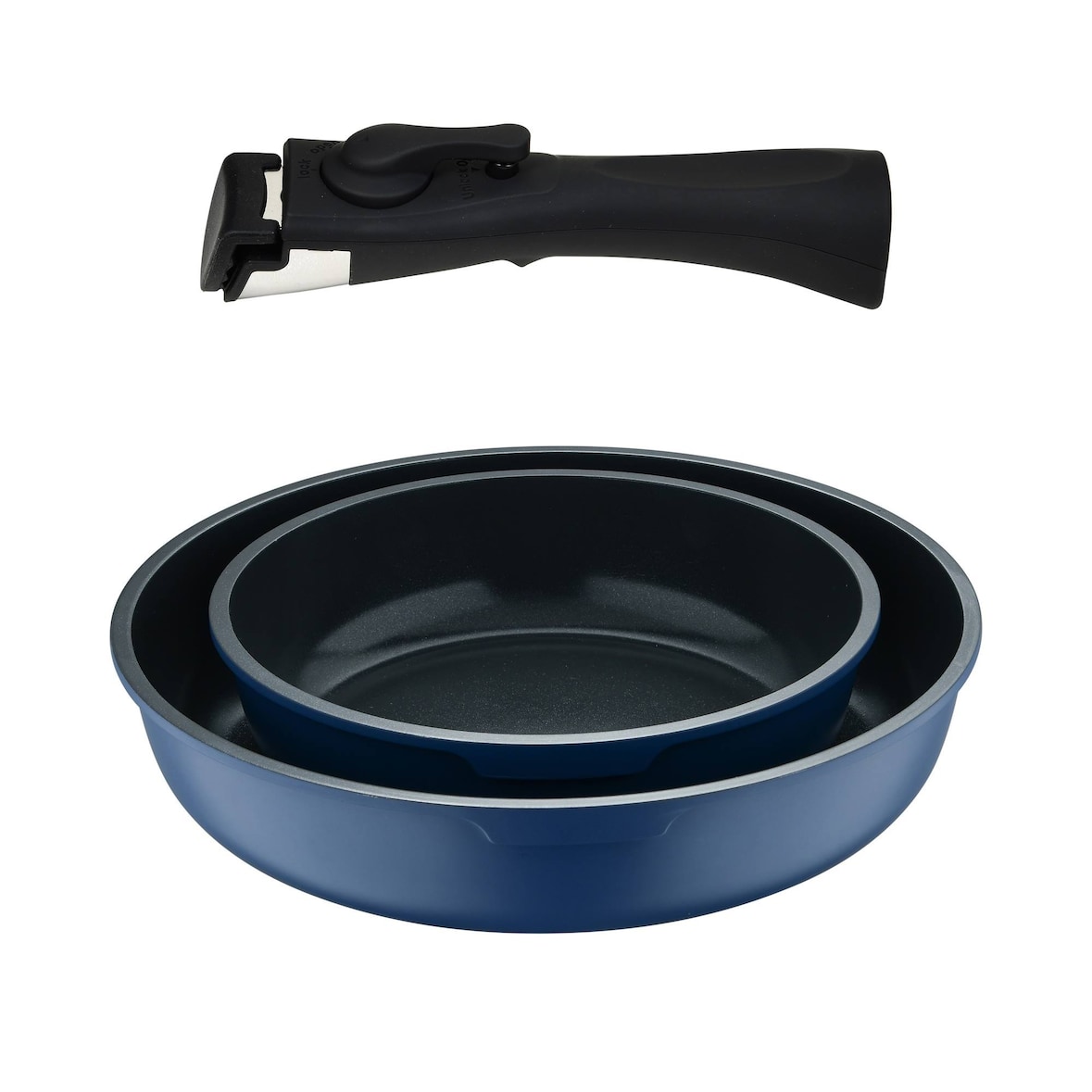 BERGNER Click&Cook - Set mit 2 Bratpfannen Ø22Ø26cm, Aluminiumguss, blau, mit abnehmbarem Griff