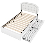 thumbnail of Polsterbett 90x200 mit Stauraum, Bettgestell mit zwei Schubladen, verstellbarer Nachttisch, gepolstertes Einzelbett mit Leinenbezug Hellbeige