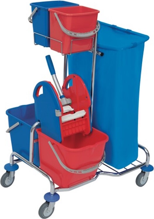 Splast verchromter Reinigungstrolley mit Eimern, Abfallsackhalter und Moppresse
