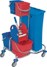 thumbnail of Splast verchromter Reinigungstrolley mit Eimern, Abfallsackhalter und Moppresse