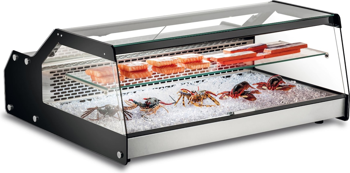 FISHOW100 Edelstahl-Kühlvitrine, digitales Thermostat, Temp. +2°C/+12°C, automatische Abtauung, LED-Beleuchtung, Maße 101,4x87,4x41,9 cm