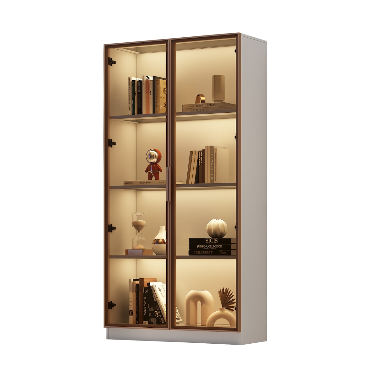 Glasvitrinenschrank 80x40x160 cm mit LED-Beleuchtung, verstellbaren Regalen, Doppelöffnung, modernes Design, braunes Glas,weiß für Wohnzimmer und Büro