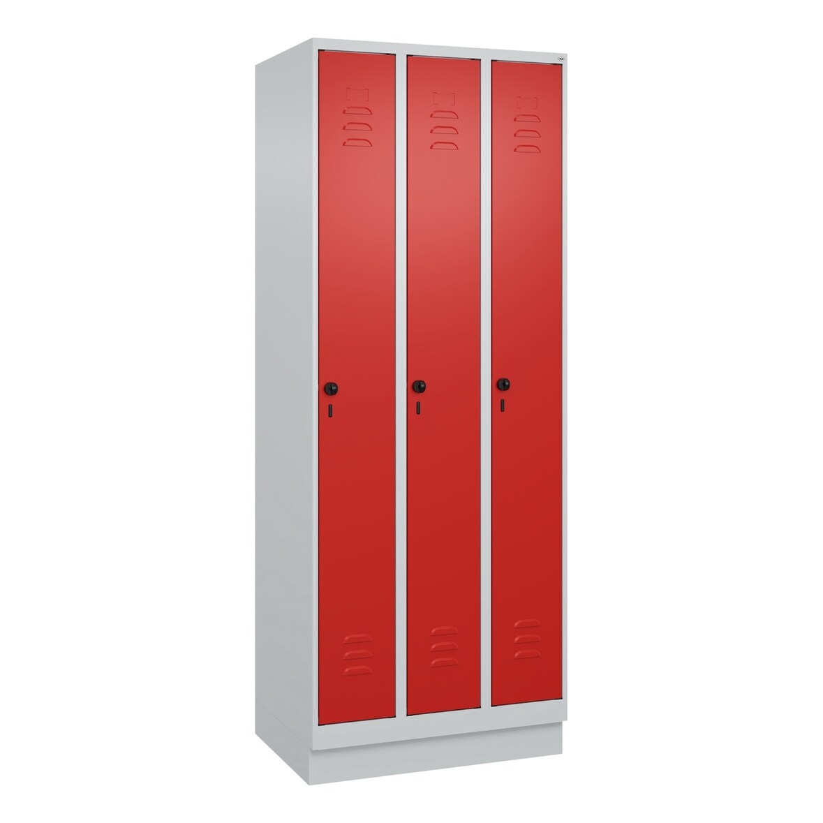 C+P Spind Classic PLUS, Sockel, 3 Abteile, HxBxT 195x75x50cm, Sicherheitsdrehriegel, Hellgrau/Rot von PROREGAL