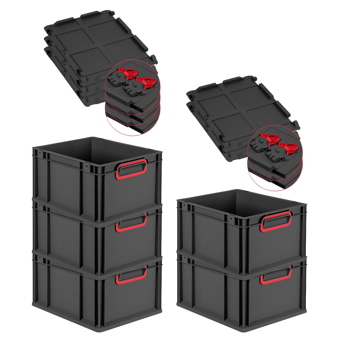 PROREGAL SuperSparSet 5x Eurobox NextGen Color mit Scharnierdeckel & Verschlüssen, HxBxT 22x30x40cm, 20L, Schwarz, Griffe rot zu, Eurobehälter