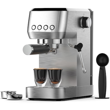 Espressomaschine 20 Bar mit italienischer Pumpe – Edelstahl, Tastensteuerung, Milchaufschäumer, 1,3 L Wassertank, Barista-Espresso für Zuhause