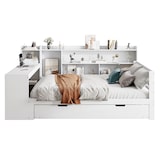 thumbnail of Schlafsofa 140x200 cm aus Massivholz mit ausziehbarem Bett, Schreibtisch, Regalen, Schubladen und Steckdose – multifunktionales Möbel Weiß