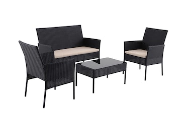 aro Salotto da esterno 4 pezzi, acciaio/vetro/poliestere, 2 poltrone singole, 1 divano a 2 posti, 1 tavolino, nero/beige