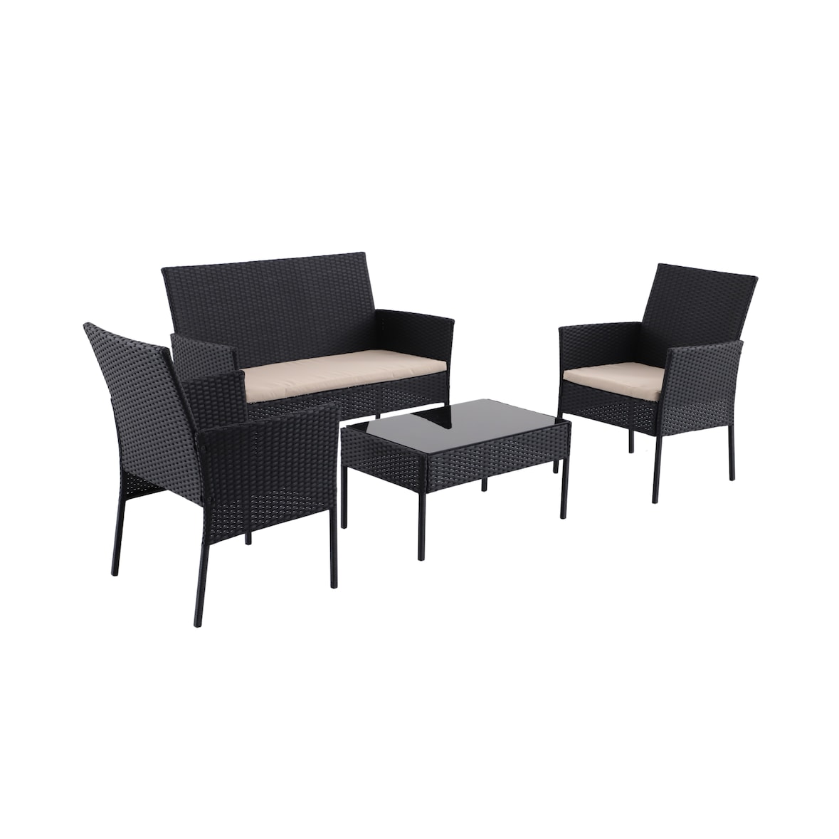 aro Salotto da esterno 4 pezzi, acciaio/vetro/poliestere, 2 poltrone singole, 1 divano a 2 posti, 1 tavolino, nero/beige