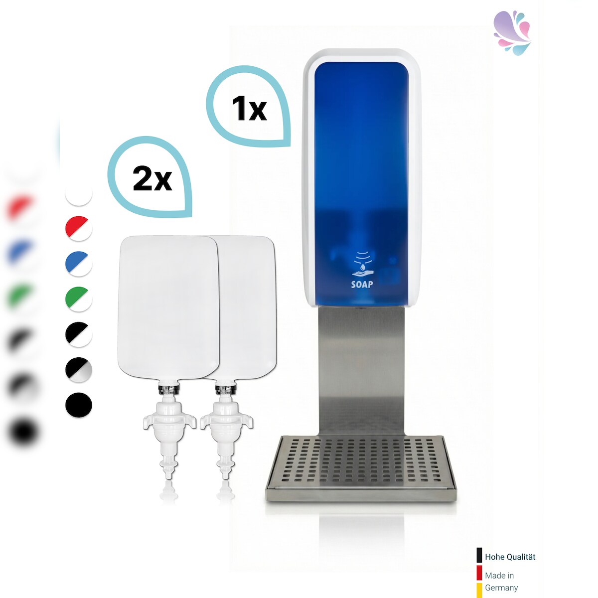 Blanc HYGIENIC SET: Schaumseifenspender SENSOR Cosmos (berührungslos) +2x1L Schaumseife mild+ Edelstahlhalterung mit Auffangschale Wandmontage