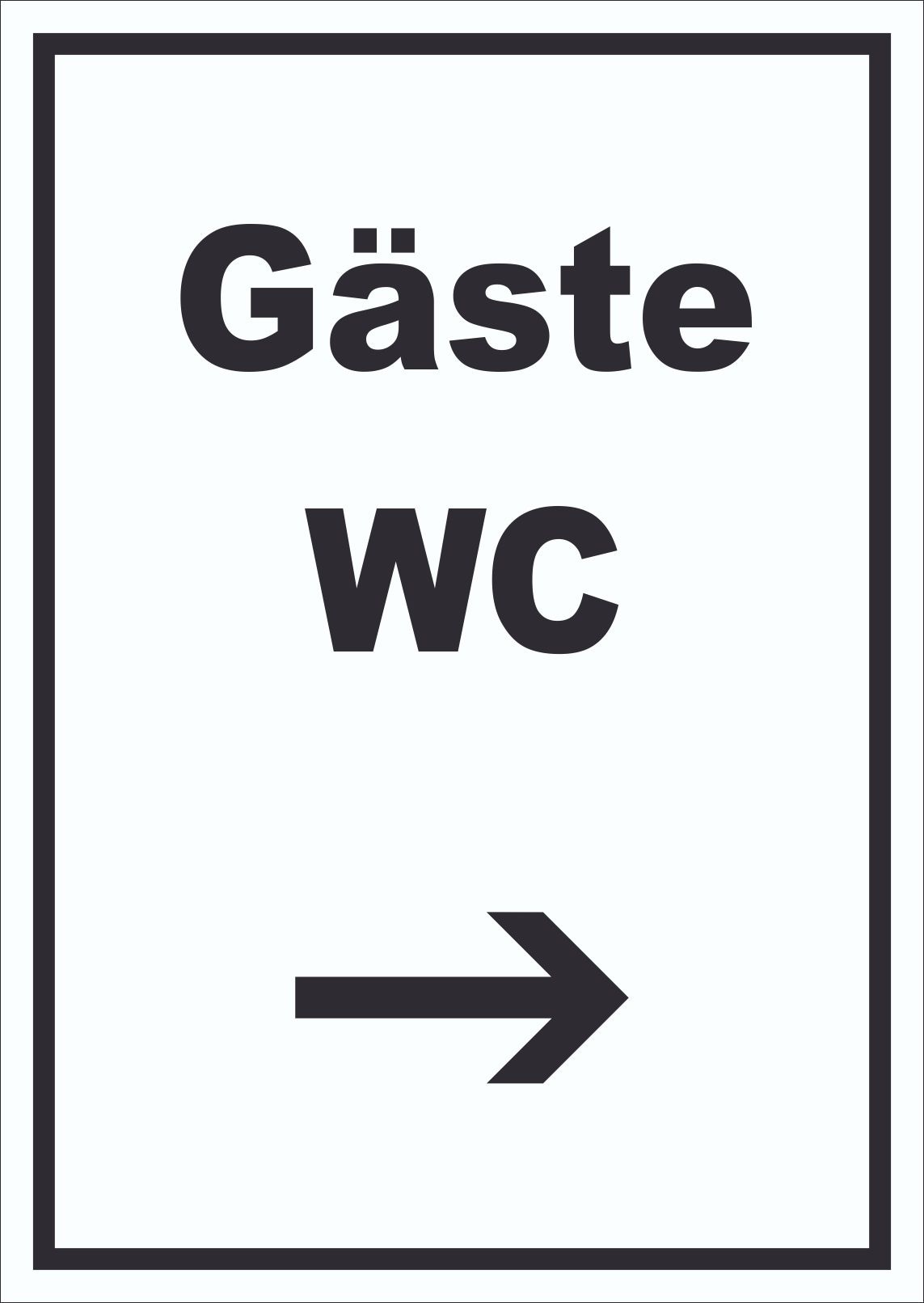 Gäste WC Schild mit Text und Richtungspfeil rechts Toilette hochkant A4 Rückseite selbstklebend