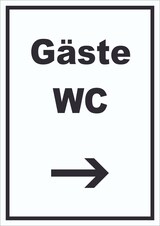 thumbnail of Gäste WC Schild mit Text und Richtungspfeil rechts Toilette hochkant A4 Rückseite selbstklebend