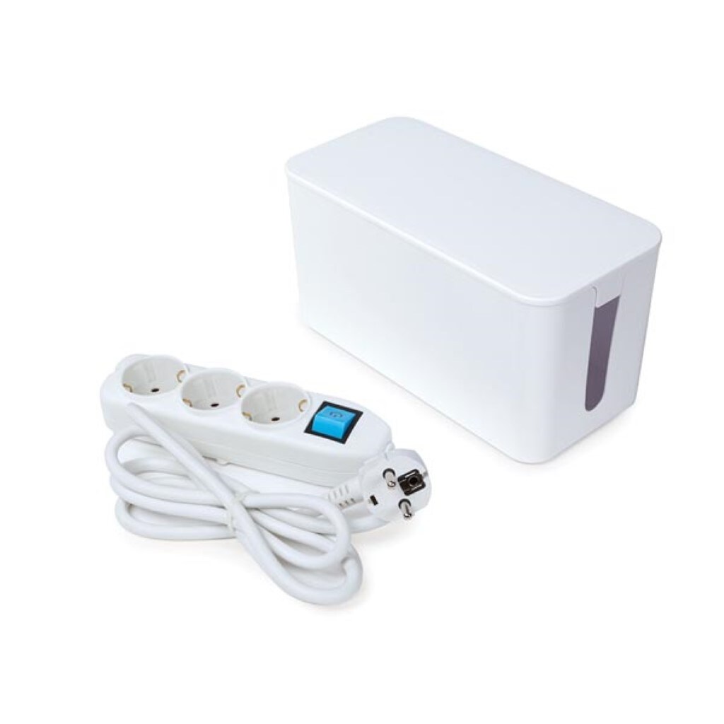 Steckdosenleiste mit Schalter und Kabelbox, 3 Schutzkontakt-Steckdosen, Kabel 1.5 m, 3G1.5, Innenbereich, Weiß