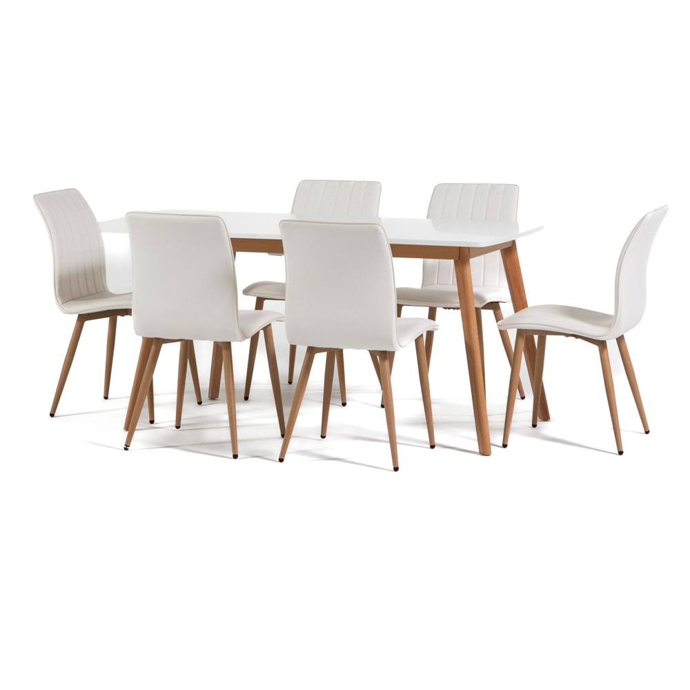 Uitschuifbare rechthoekige eetset met 6 gestoffeerde stoelen in ecoleer, Scandinavische stijl, poten met houtlook, voor keuken en eetkamer–RUBEN+TANIA