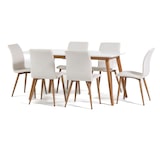 thumbnail of Uitschuifbare rechthoekige eetset met 6 gestoffeerde stoelen in ecoleer, Scandinavische stijl, poten met houtlook, voor keuken en eetkamer–RUBEN+TANIA