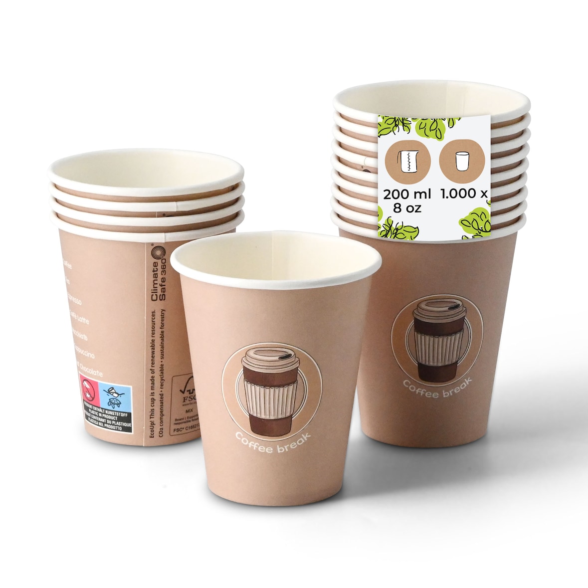 BIOZOYG Pappbecher Bedruckt Coffeebreak 1000 Stück 200 ml / 8 oz, Ø 80 mm, weiß - Kaffeebecher to go - Pappe beschichtet mit PE - Trinkbecher/Einweg