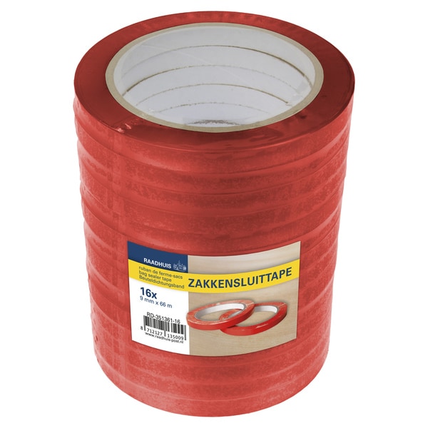 Raadhuis zakkensluittape 9mm x 66m PVC rood krimp a 16 rol