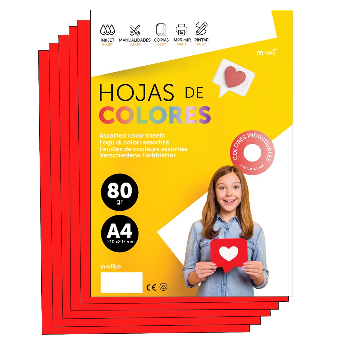 Folios Colores A4 80g Para Impresoras y Manualidades, Folios Colores Para Tarjetas y Proyectos Creativos m-office (100h, Rojo)