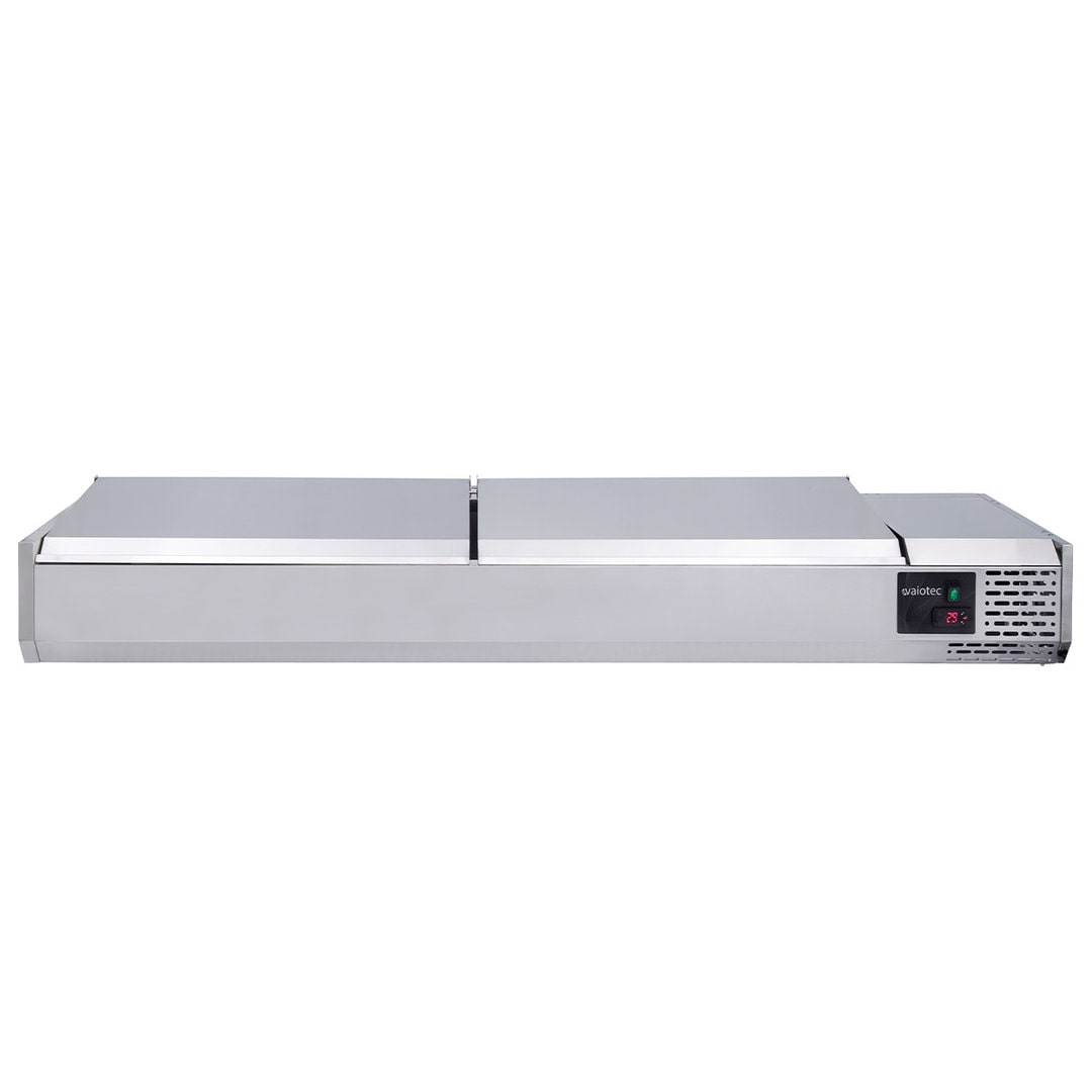 vaiotec gekoelde opzetvitrine met roestvrijstalen deksel, 5 x GN 1/3 + 1 x GN 1/2, 1480 x 395 mm