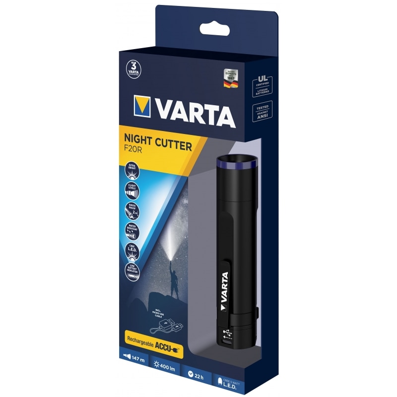 Varta Premium Night Cutter F20R Rechargeable 400 Lumen Taschenlampe taktisch, akkubetrieben mit Gürtelclip inkl. Akku