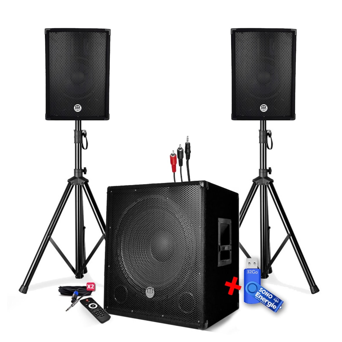 PACK SONO ENCEINTE + CAISSON DE BASSES USB Bluetooth + PIEDS + CABLES HP et PC offerts - PA DJ SONO MIX+Clé USB 32G