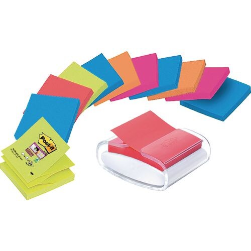 POST-IT Dévidoir Z-notes Pro Blanc rechargeable + 12 blocs Z-notes Super Sticky assortis 76 x 76 mm