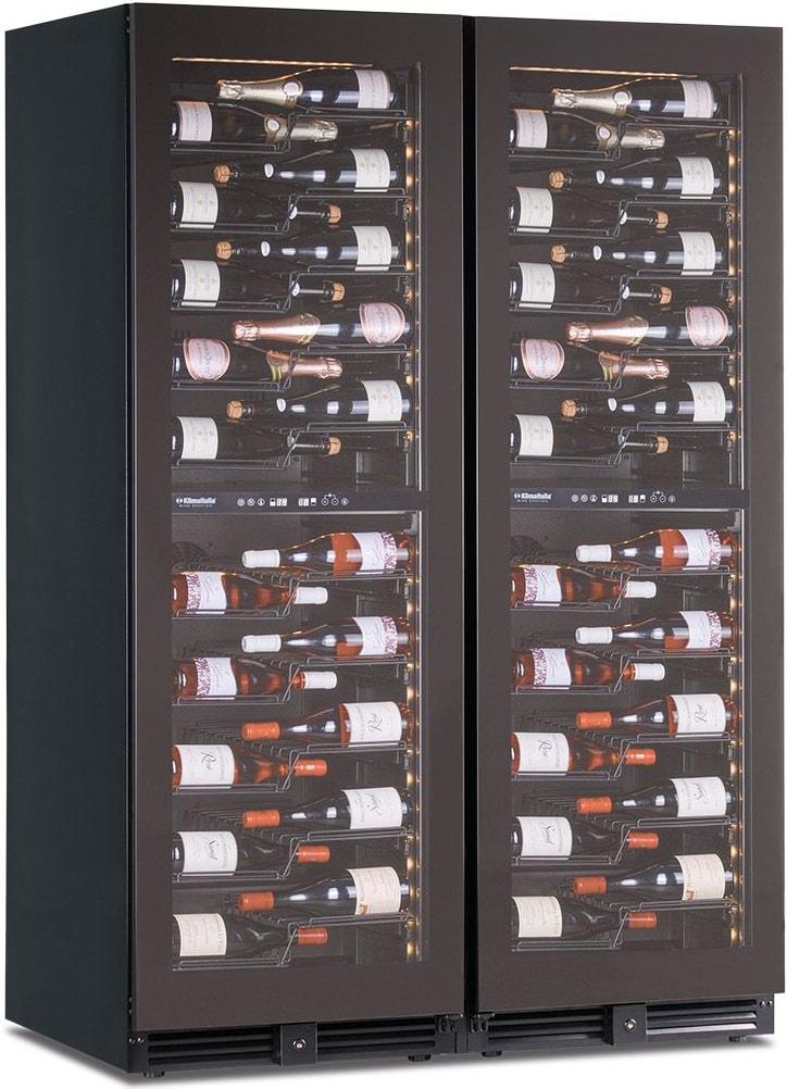 KLIMAITALIA Belüfteter Weinkühlschrank bei 4 T°en. 232 Flaschen. Rauchglastüren. LED. Metall-Schubladenregale. Thermo digital. CW355G4TB