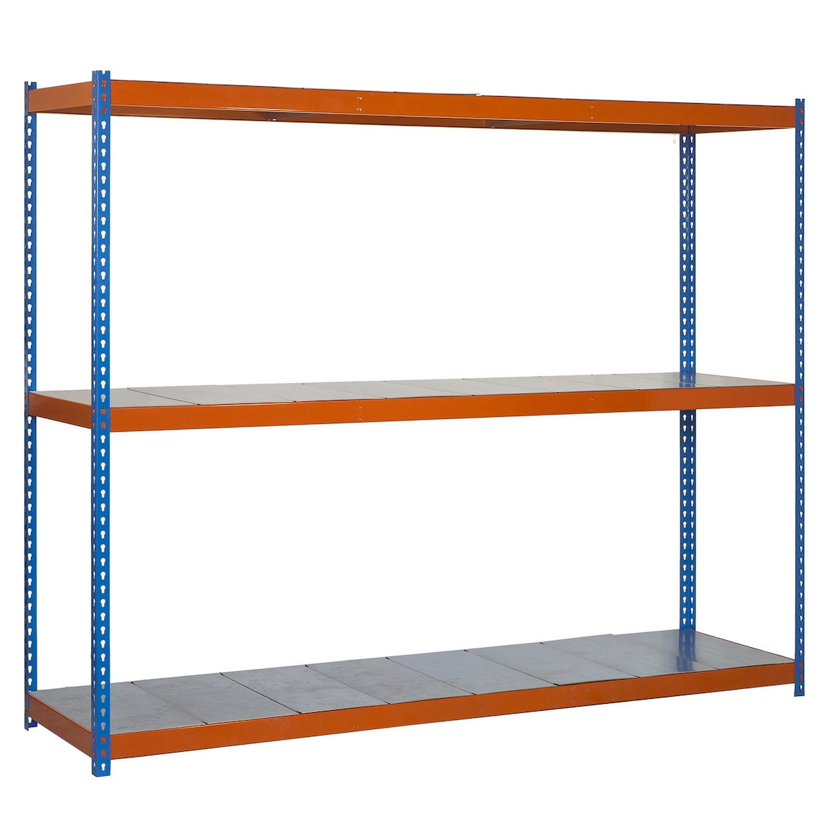 SimonRack Industrieregal, 1500x1200x600 mm, 400 kg am Biegepunkt, 3 Metallböden, Garagenregal, Blau/Orange/Verzinkt- Ecoforte