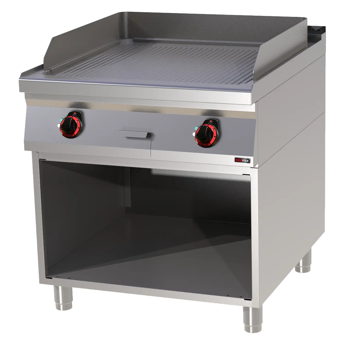 Gastro Elektro-Griddleplatte Standgerät mit Unterbau Grillplatte Bratplatte aus Stahl/gerillt 800x900x900 mm Edelstahl 12 kW
