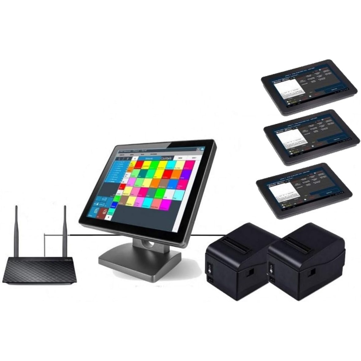 Mehrplatz Kassensystem für Restaurant mit 3 x Bestellterminal, 2 x Bondrucker, Hauptkasse/Netzwerk-Kasse