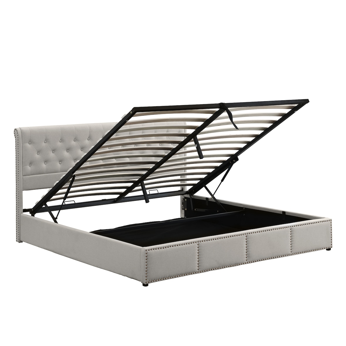 Merax Hydraulisches Polsterbett 140x200 Stauraumbett Doppelbett aus Baumwolle-Leinen mit Nietenverzierung & Lattenrost Hellgrau