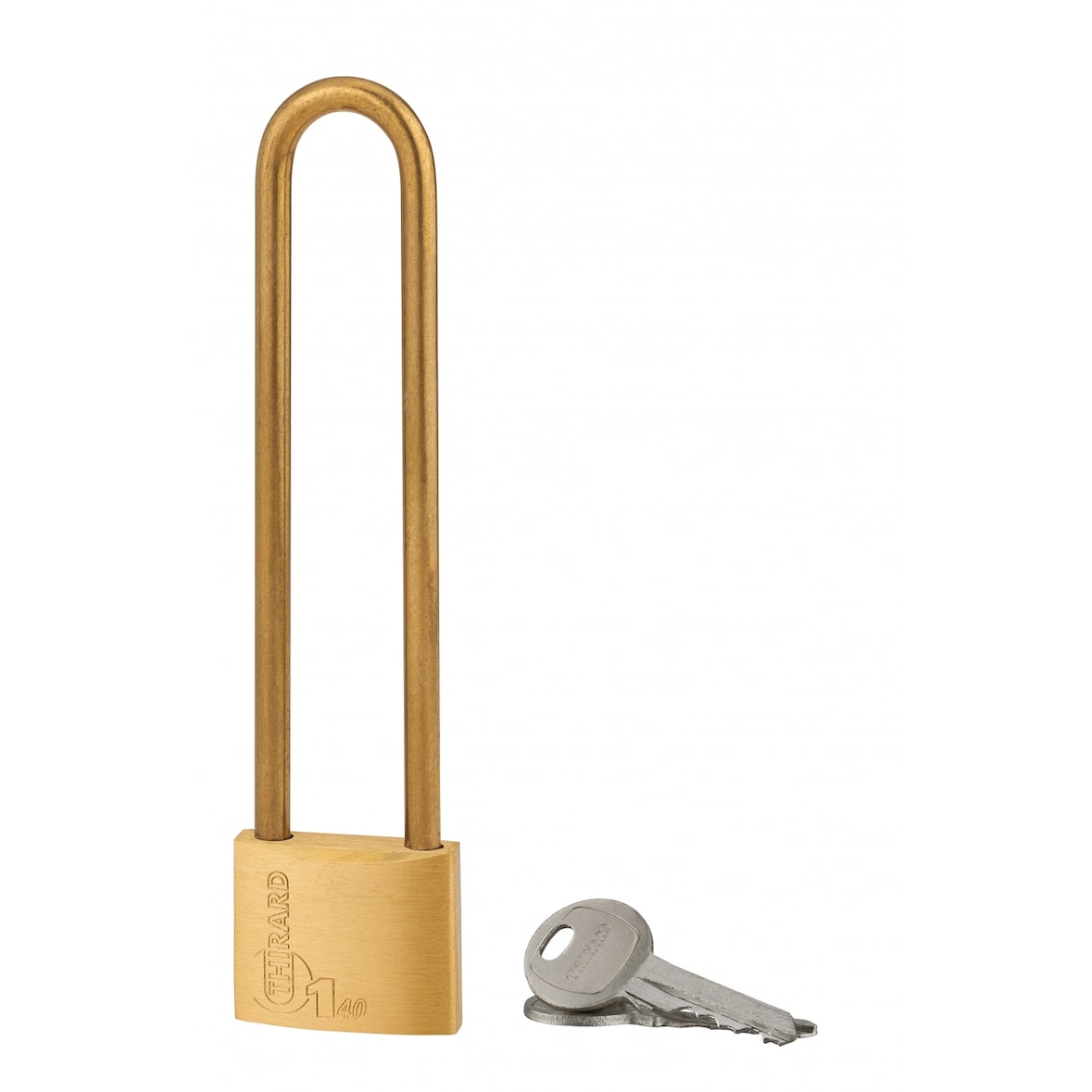 Cadenas à clé Type 1, laiton, extérieur, anse haute acier, 40mm, 2 clés - THIRARD