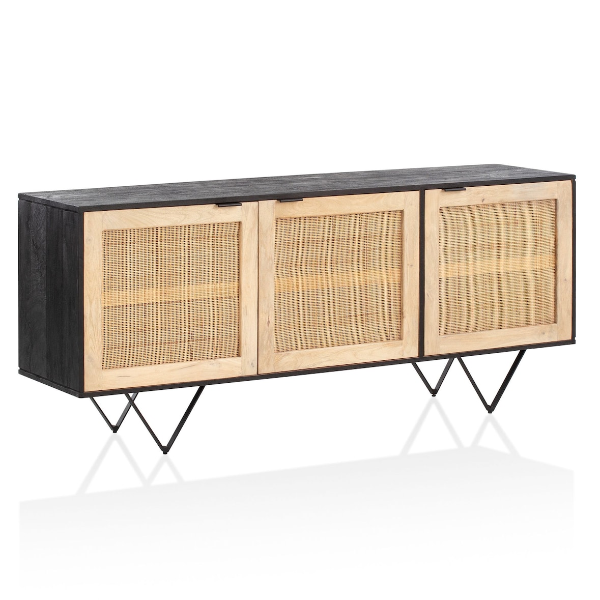 Sideboard 175x75x45 cm Mango Massivholz / Rattan Kommode mit 3 Türen, Hoher Kommodenschrank Schwarz / Braun, Standschrank Wohnzimmer, Anrichte