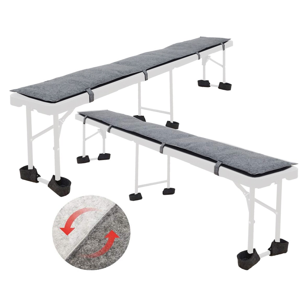 Extra Dik: 2 Vilten Bierbankkussens 180x28x2 Omkeerbaar Bankkussen met 12 Vloerbeschermingskappen