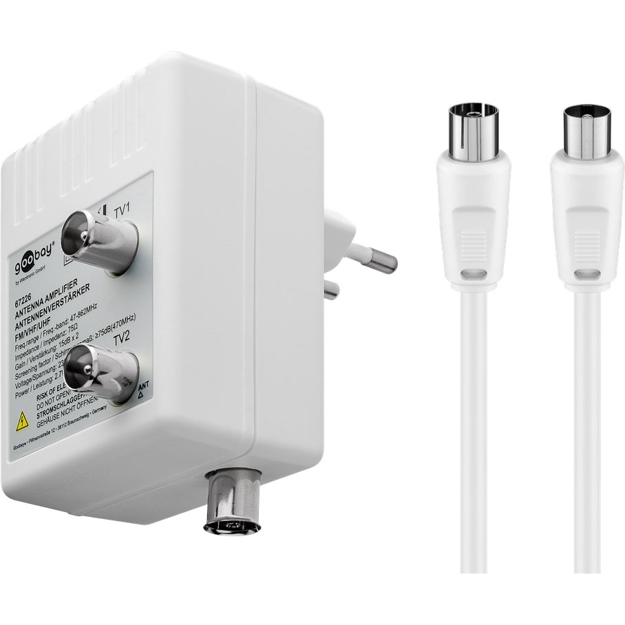 Goobay 67226 Zweigeräte-Antennenverstärker (DVB-T / DVB-T2 / DVB-C), Weiß - zum Anschluss von zwei Empfangsgeräten (TV / Radio)