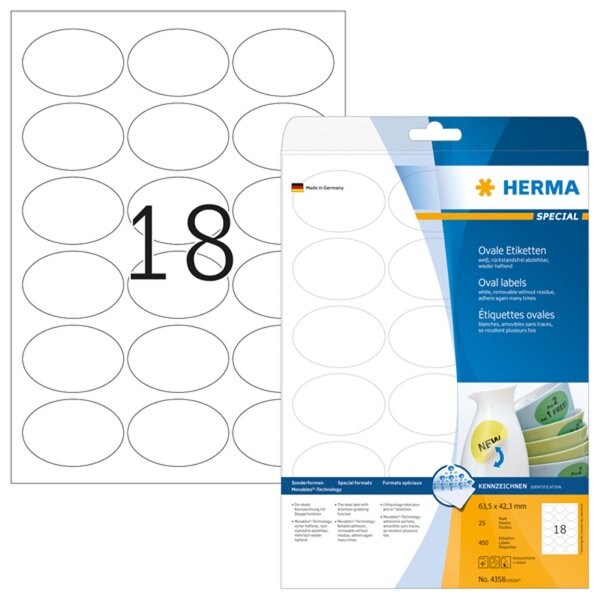 HERMA Ablösbare Etiketten 63,5 x 42,3 mm , 450 Etiketten, weiß, oval, wieder haftend