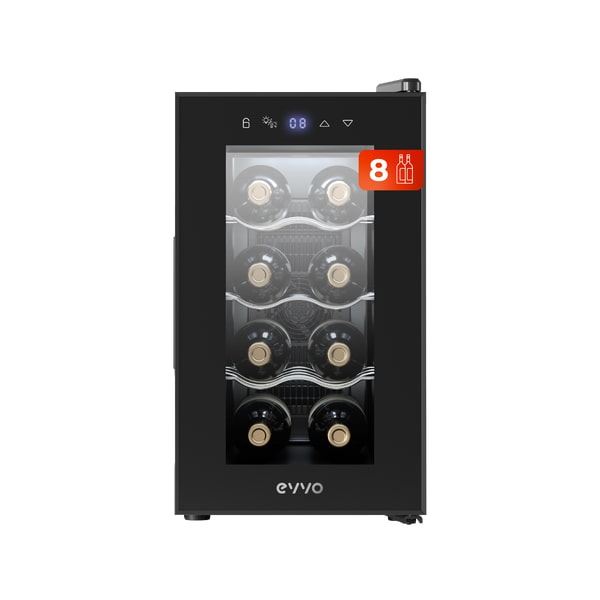 EVVO Vinoteca para 8 botellas VT8, termoeléctrico, 8-18ºC regulable, muy silencioso 35 dB, pantalla táctil, diplay LED, luz interior