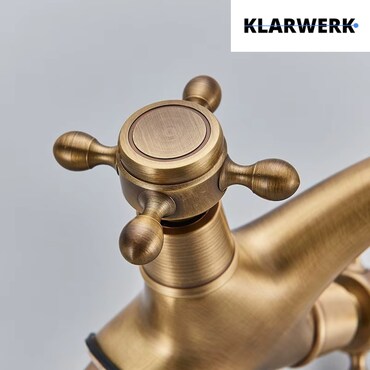 Wastafelkraan voor op het blad, antiek messing, dubbel, warm en koud water, één ingang