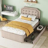 thumbnail of Polsterbett 90x200 mit Stauraum, Einzelbett mit zwei Schubladen, verstellbarer Nachttisch, gepolstertes Bettgestell Beige+Braun