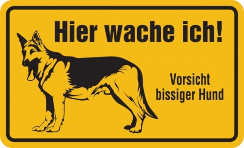 Hinweisschild, Hier wache ich! Vorsicht bissiger Hund, Aluminium, 120 x 200 mm - 200x120x0.45 mm Aluminium geprägt