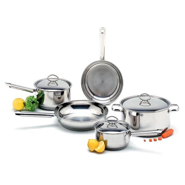 Batería de Cocina en Acero Inoxidable (8 piezas), 1 Cazuela (24 cm), Cazos (16 cm, 18 cm), Sartenes (20 cm, 24 cm), Tapas (16 cm, 18 cm, 24 cm)