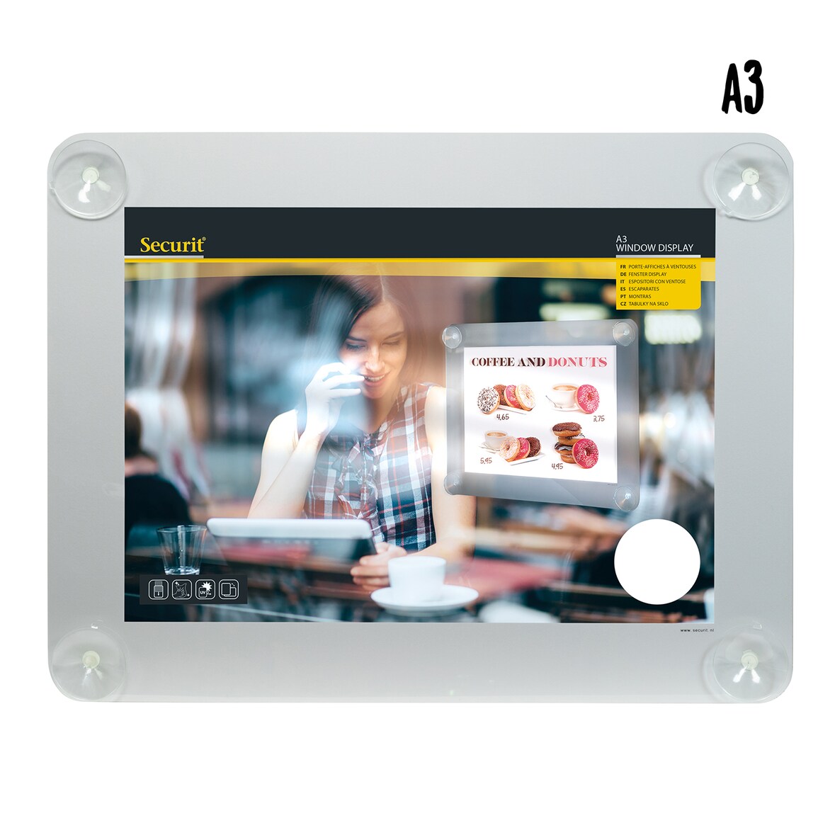 Securit® Porte-affiche A3 pour vitrine - Gris - Avec 4 ventouses - Double-face