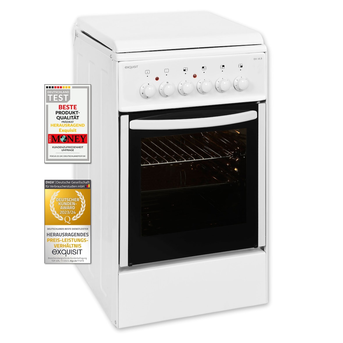 Exquisit EH 10.3 F2 Elektro-Standherd | Ober-/Unterhitze, |Backofen-Volumen: 51 l | EEK:  A |Weiß