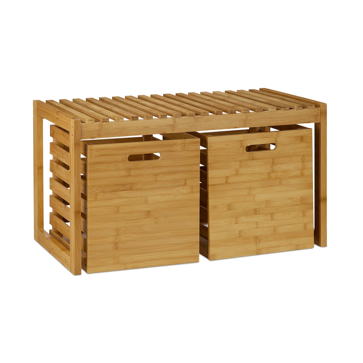 Relaxdays Sitzbank mit Stauraum, Bambus, 2 Aufbewahrungsboxen, Bank für Flur, Bad, Garderobe, HBT 44,5x80x40 cm, natur