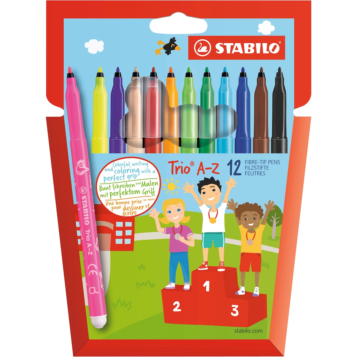 STABILO 12 feutres de coloriage pointe moyenne Trio A-Z dont 2 fluo