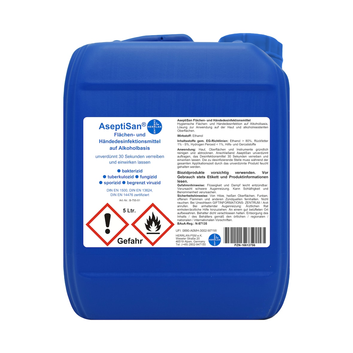 AseptiSan - 5 Ltr. Kanister I Händedesinfektionsmittel I Pharmazentralnummer-16613756 I HERRLAN Qualität I Made in Germany
