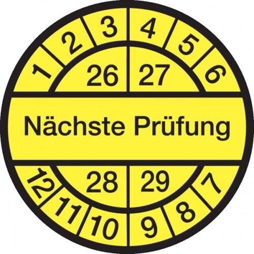 Prüfplakette ab 26, Nächste Prüfung, schwarz/gelb, Folie, Ø 12,5/30 mm - Bogen = 10 Plaketten - 30 mm Folie selbstklebend
