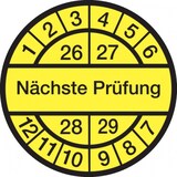 thumbnail of Prüfplakette ab 26, Nächste Prüfung, schwarz/gelb, Folie, Ø 12,5/30 mm - Bogen = 10 Plaketten - 30 mm Folie selbstklebend
