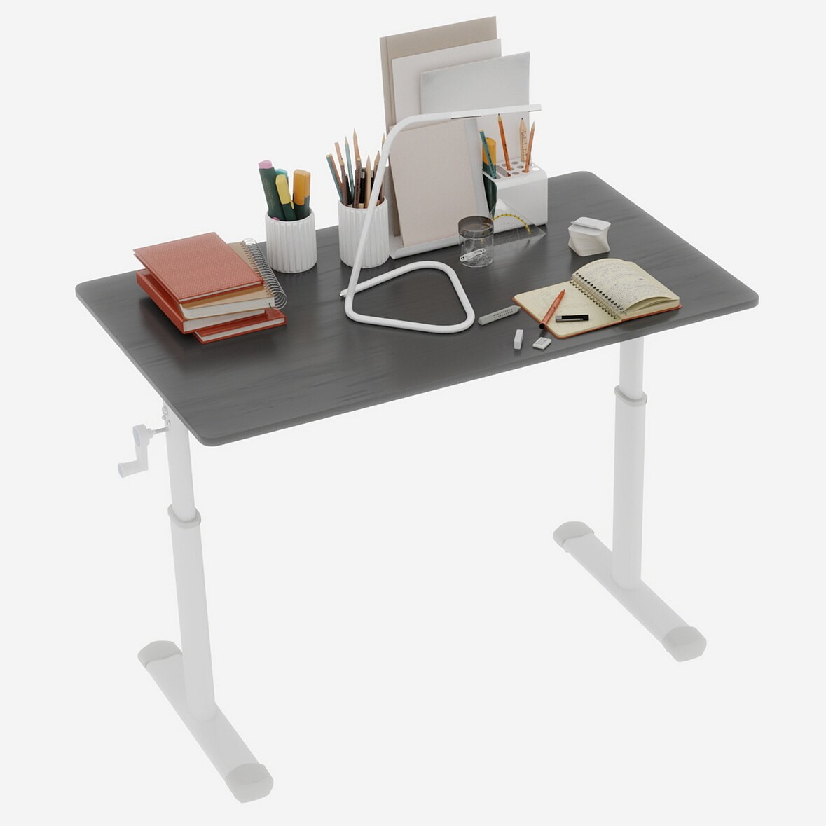Schreibtisch höhenverstellbar Grau 60x100x90 cm Handkurbel, Metall Holz, kompakt und stabil für Homeoffice und Arbeitszimmer